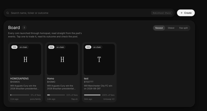 A dark-themed app interface titled "Board" from "Robinhood Chain" shows three on-chain coins labeled H, H, and T (HOMOSAPIENS, Homo, test) related to real-world prediction events.