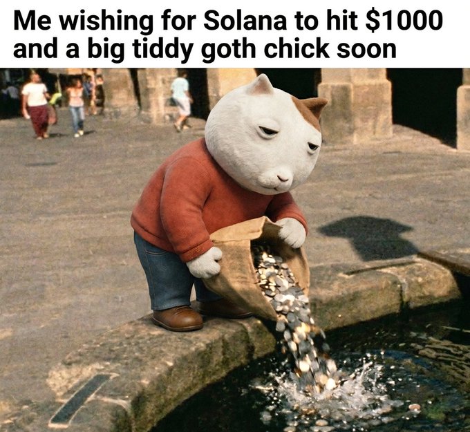 The image shows a meme featuring a frowning cat character in a red sweater dumping a bag of coins into a fountain, with the caption "Me wishing for Solana to hit $1000 and a big tiddy goth chick soon."

The meme humorously illustrates the futility of throwing hopes (and literal money) into a wishing well, relating to the post's "there will be sign" sentiment by mocking how crypto investors often make grand, improbable wishes—like Solana reaching $1000 and finding a romantic partner—hoping for a sign or miracle to make both come true.