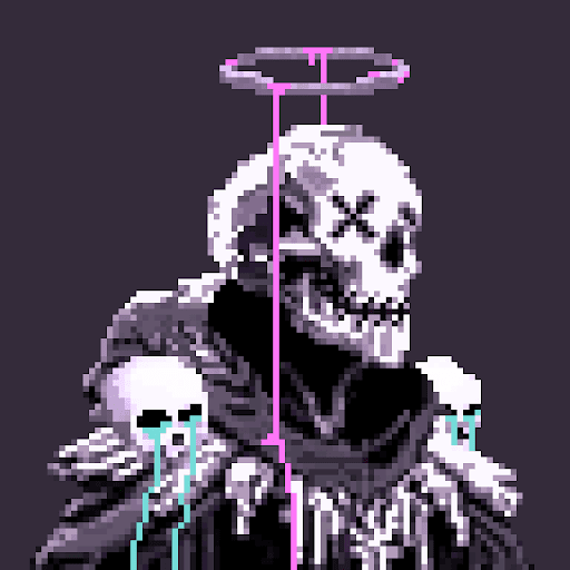 Pixel art illustration of a skeletal figure with an X-shaped eye and a pink halo above its head, set against a dark background.