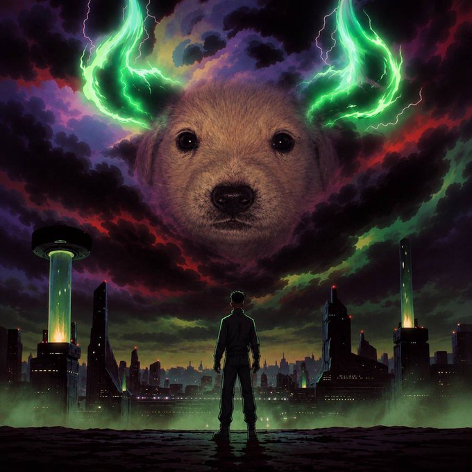 An anime-style illustration of a boy standing on a rooftop, gazing at a giant puppy-faced deity with green glowing horns looming over a futuristic city skyline.