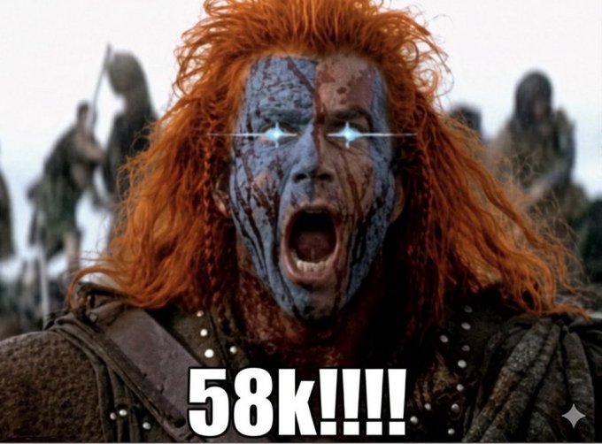 A meme featuring a screaming warrior character with red hair, blue face paint, and glowing eyes from the movie Braveheart, with the text '58K!!!!!' overlaid.