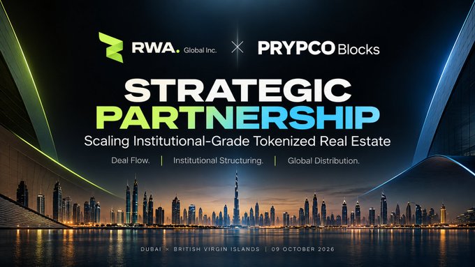 A promotional graphic announcing a 'Strategic Partnership' between RWA Global Inc. and PRYPCO Blocks for 'Scaling Institutional-Grade Tokenized Real Estate,' dated 09 October 2026 from Dubai and British Virgin Islands.