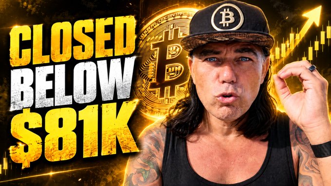A YouTube thumbnail featuring a man wearing a Bitcoin cap holding a Bitcoin symbol, with bold text reading 'CLOSED BELOW $81K' against a gold and black background.