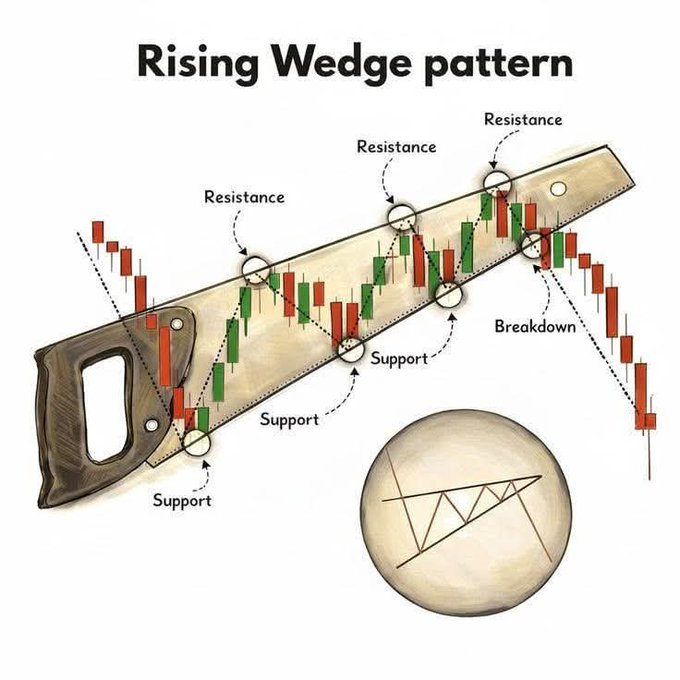 An educational diagram titled 'Rising Wedge pattern' showing a saw blade overlaid on a candlestick chart, illustrating support, resistance, and breakdown points in technical analysis.