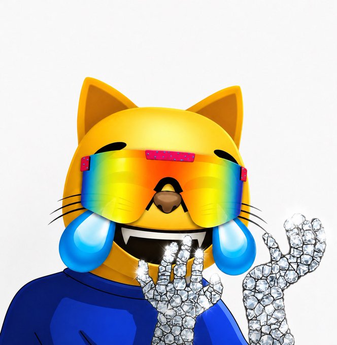 A crying cat emoji wearing rainbow sunglasses and a blue shirt displays diamond-covered hands, visually representing the "diamond hands" sentiment toward the $MOG memecoin.
