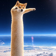 A humorous image of a Shiba Inu dog with an extremely long, stretched body standing on Earth viewed from above, with a starry sky and a rocket launch visible in the background.