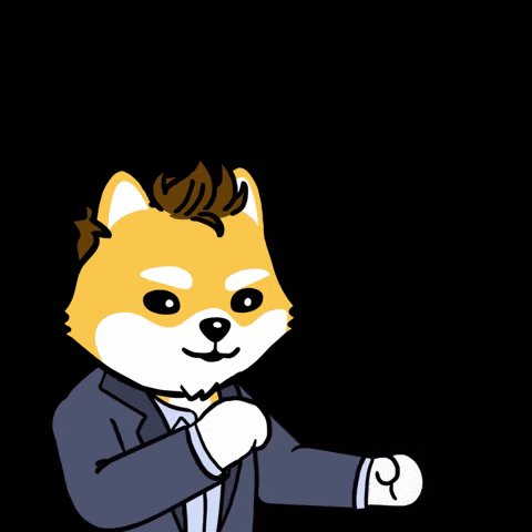 urn of gold and white, with a black background, features a cartoonish dog character in a suit jacket and tie.