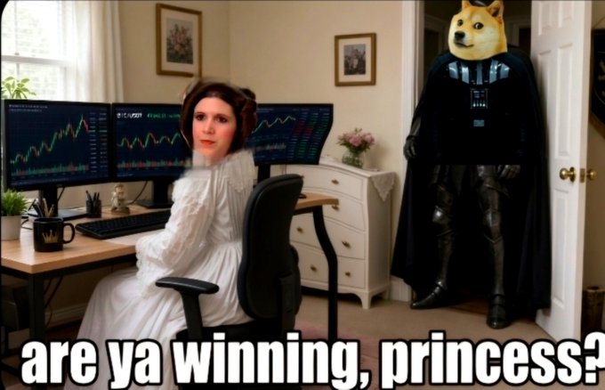 A woman dressed as Princess Leia sits at a desk with three monitors displaying green Dogecoin price charts, while a figure wearing a Doge mask and Darth Vader-inspired armor stands in the doorway. The caption reads "are ya winning, princess?" humorously asking if her Dogecoin investments are paying off as the charts show significant price action.