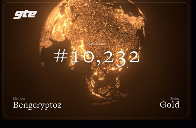 A digital membership card displays 'gta' branding with a glowing earth, listing Member 'Bengcryptoz' at rank '#10,232' with Gold status.