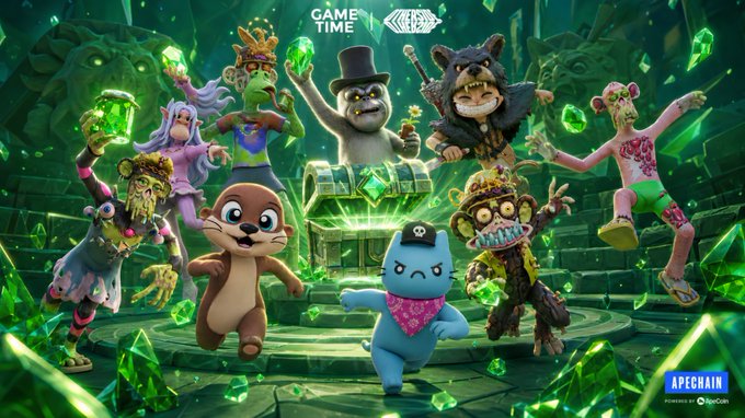 Promotional artwork for 'ApeChain' Game Time featuring a collection of cartoon NFT apes, zombies, and animals with a treasure chest in a green jungle setting, powered by ApeCoin.