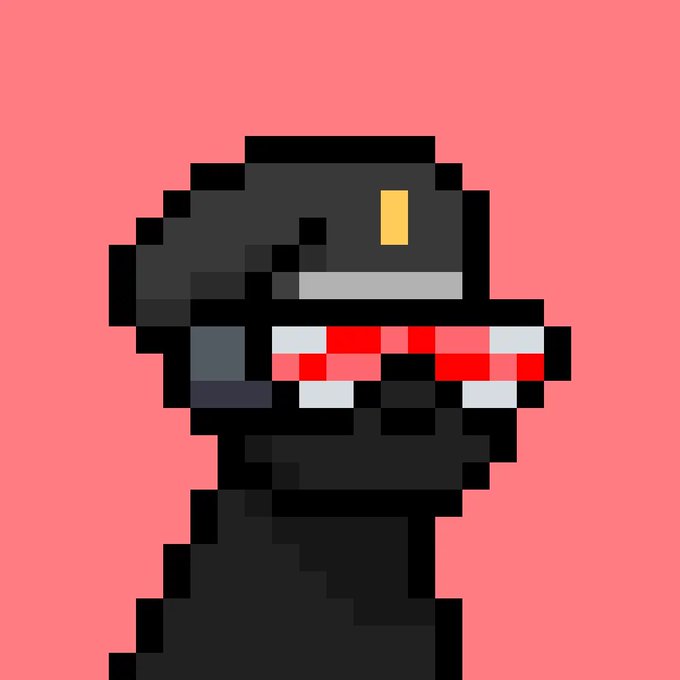 A pixel art image of a black dinosaur-like character with a yellow eye on a pink background.
