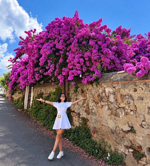 A woman in a short white dress and white sneakers poses with arms outstretched beneath a vibrant pink bougainvillea bush cascading over a stone wall.