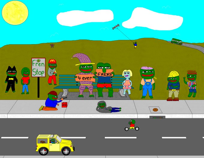 A cartoon-style illustration shows a street scene with various frog characters in different outfits, including one on a bench with a '4ever' sign, while one plays a trumpet on a sidewalk near a 'Fren Stop' sign.