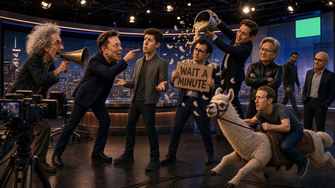 A chaotic TV studio scene features several men, one shouting into a megaphone, another holding a "WAIT A MINUTE" sign, one ringing a bell, and a man riding a llama, while being filmed by a camera.