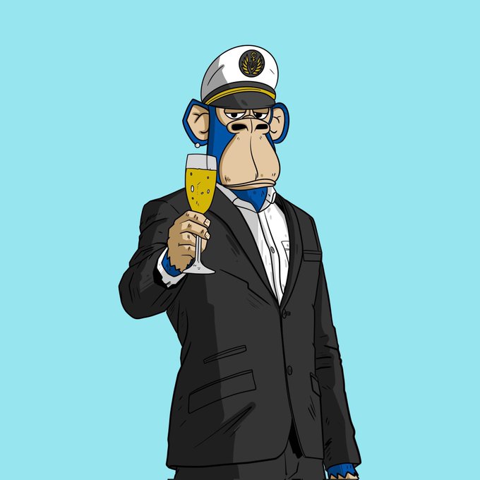 A cartoon illustration of a blue-faced monkey wearing a black suit, white shirt, and white captain's hat with a gold emblem, holding up a glass of champagne against a teal background.