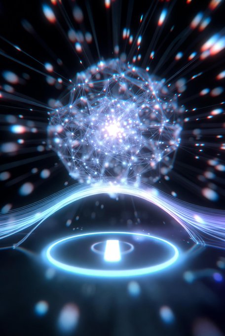 An abstract digital artwork showing a glowing blue brain-like structure made of neural networks and light particles, radiating above a circular illuminated platform against a dark background.