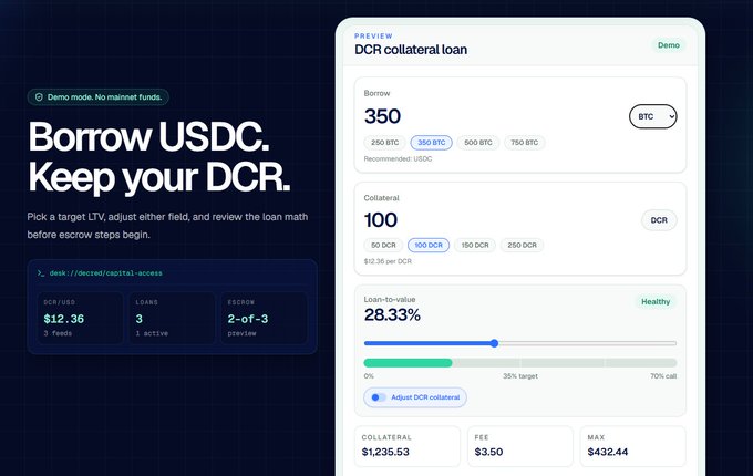 The image shows a screenshot of a website displaying information about DCR. The screenshot also provides instructions or recommendations for using the platform as an alternative method of accessing DCR without having to sell it first, such as by reviewing the fields or applying the $DCR ecosystem tools like LiquidiumFi. However, the image is from an early stage testing phase and does not contain any real user input or interactions at this point.