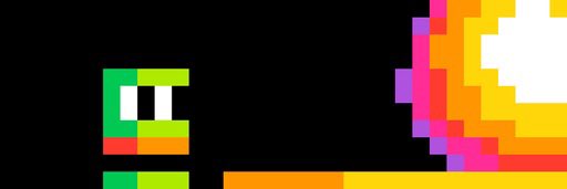 A pixel art scene features a green snake-like character with cartoon eyes on the left, facing a colorful explosion of yellow, orange, pink, and purple pixels on the right against a black background, exemplifying creative work within the 33×11 pixel canvas format mentioned in the post.