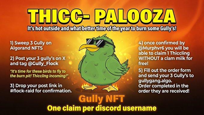 A promotional graphic for a 'THICC-PALOOZA' NFT giveaway featuring a green cartoon bird wearing sunglasses, with instructions to sweep 3 Gully NFTs on Algorand.