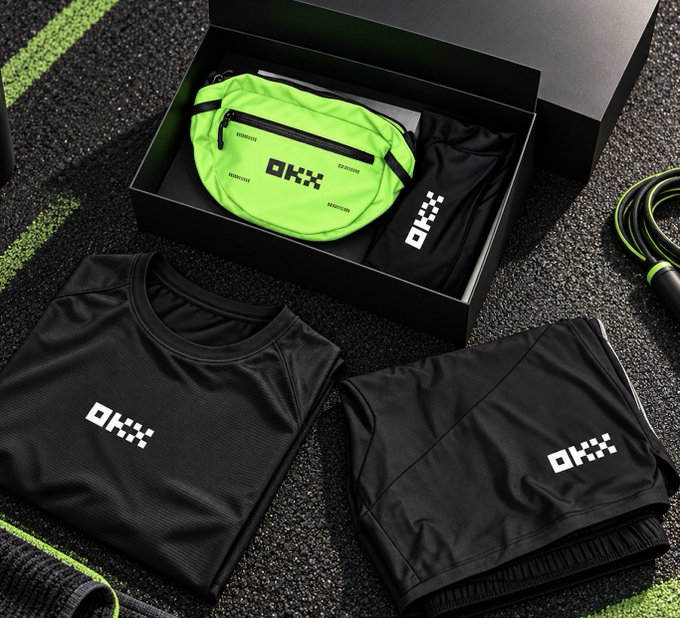 A black gift box contains neon green and black OKX-branded athletic apparel, including a t-shirt, shorts, and a fanny pack, displayed on a textured gym surface.