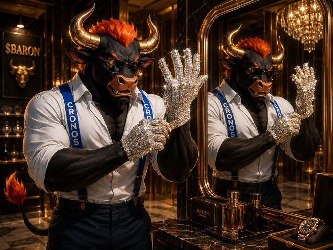 A digital artwork of a bull-headed figure wearing a white shirt with 'CRONOS' suspenders, sunglasses, and jeweled gloves, posing in front of a mirror with a '$BARON' sign and 'BLUSH' perfume bottles nearby.