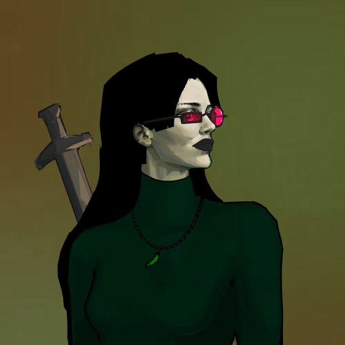 A stylized illustration of a pale-skinned woman with long black hair, red-tinted sunglasses, dark lipstick, a green sweater, and a sword strapped to her back.