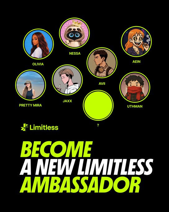 A promotional graphic for 'Limitless' reading 'BECOME A NEW LIMITLESS AMBASSADOR', showing circular profile icons of ambassadors like Olivia, Nessa, Aein, Avii, Uthman, JAXX, and Pretty Mira.