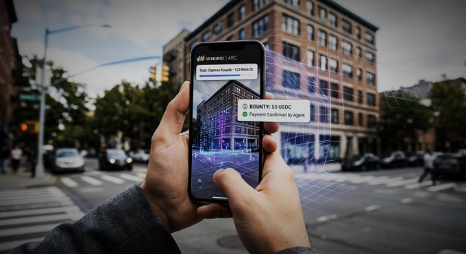 Hands holding a smartphone displaying the Vangrid|ARC app showing 'Capture Facade: 123 Main St' and a 'Bounty: 50 USDC' notification with 'Payment Confirmed by Agent', set against an urban street scene.