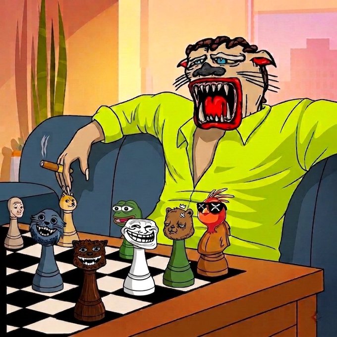 Cartoon-style digital artwork depicting a snarling pug-headed figure in a yellow shirt smoking a cigar, playing chess against an army of internet troll faces including Shrek, Trollface, and Wojak.