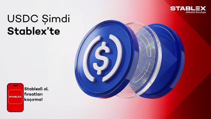 An advertisement for the Stablex platform with text 'USDC Şimdi Stablex'te' and 'Stablex'i ol, fırsatları kaçırma!', featuring a 3D blue USDC coin and a red smartphone displaying the Stablex app logo.