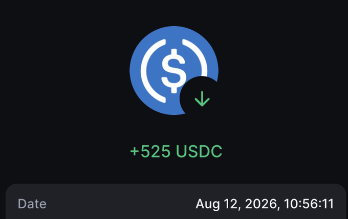 A crypto wallet notification shows a deposit of "+525 USDC" dated Aug 12, 2026, 10:56:11. The image visually represents the user's appreciation for an earnings opportunity that contributed to building their Crypto.com account balance.