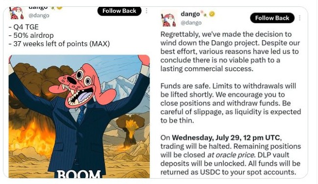 Two tweets from Dango (@dango) announcing the wind-down of the project due to lack of viable path to commercial success, with the right tweet providing details on fund withdrawals, halted trading on July 29, and conversion to USDC; left image shows a meme of the Pink Panther in a suit with flames and the text 'BOOM' along with notes about Q4 TGE, 50% airdrop, and 37 weeks of points.