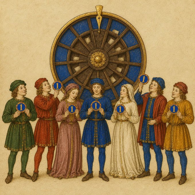 A medieval-style illustration shows seven figures in colorful robes standing before a large wooden wheel, each holding a token displaying the number "1".