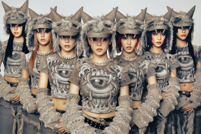 A group of women wearing matching furry wolf-eared caps, graphic crop tops featuring stylized teeth/eyes, and long knitted arm warmers pose together in a coordinated look.