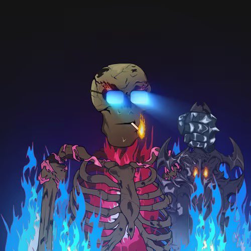 A digital illustration shows a glowing-eyed skeletal figure smoking a cigarette, accompanied by a dark armored demon-like character, set against a backdrop of blue flames.