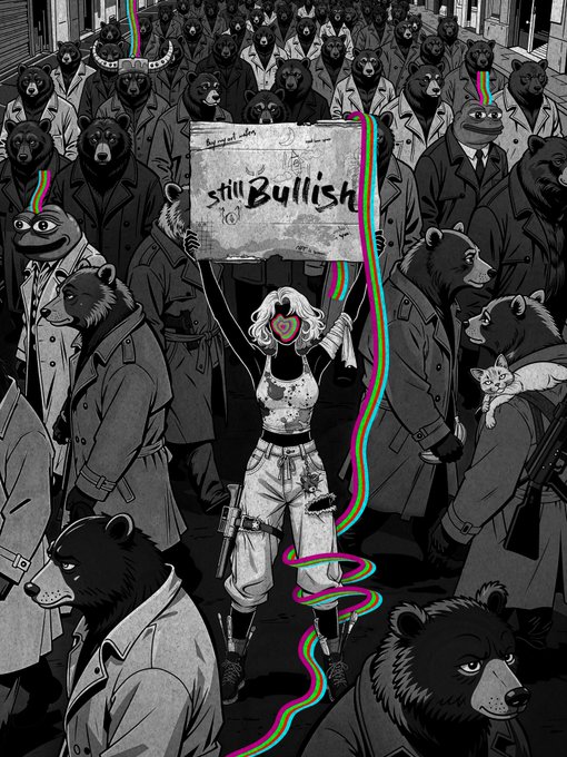 A black and white illustration shows a woman holding a "Still Bullish" sign, surrounded by bears in a street setting.