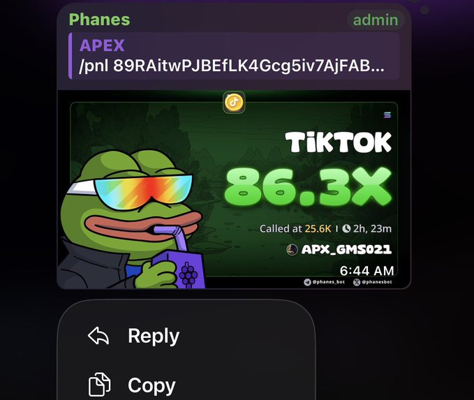 A screenshot of a Discord or messaging app message from user 'Phanes' (admin) features a Pepe the Frog graphic with sunglasses drinking from a juice box, alongside promotional text reading 'TIKTOK 86.3X' and 'Called at 25.6K' with username 'APX_GMS021'.
