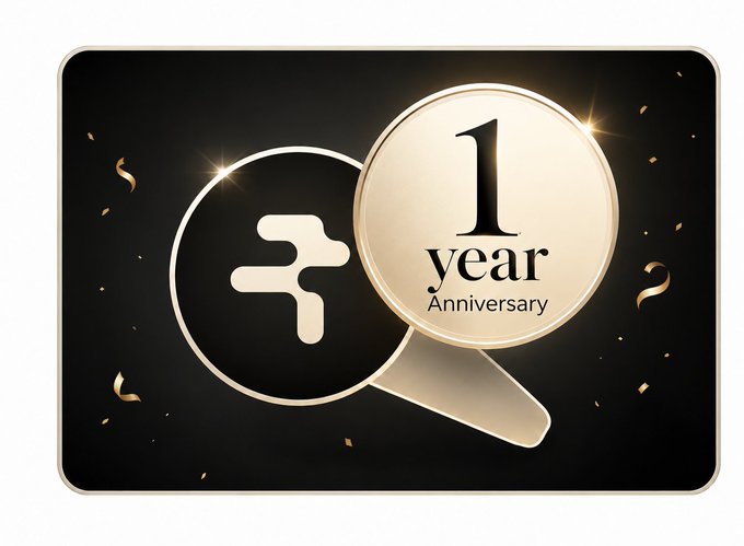 A 1-year anniversary graphic featuring a magnifying glass focused on a stylized 'F' logo, with gold accents and confetti on a black background.