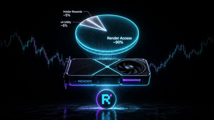 A graphic of a video game controller with a pie chart showing the percentage of jobs rendered by providers (90%), verifiers (5%), and protocol (5%). The controller has a logo at the bottom reading "render" along with a green circle containing a blue line passing through it, suggesting that this is an AI or machine learning-based solution for rendering 3D game graphics.