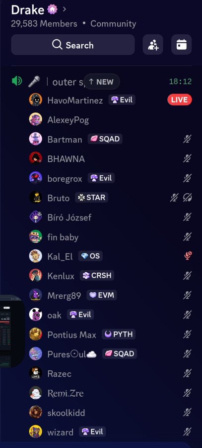 A screenshot of a Discord community server named 'Drake' showing a list of members including 'HavoMartinez' with a 'LIVE' tag, along with various user roles like 'STAR', 'Evil', 'SQAD', and 'PYTH'.