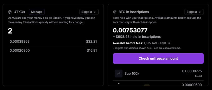 The image shows a Bitcoin wallet dashboard displaying a UTXOs section with 2 unspent outputs (0.00039863 BTC worth $32.21 and 0.00020800 BTC worth $16.81) and a BTC in inscriptions section showing 0.00753077 BTC (~$608.48) held in inscriptions, with a "Check unfreeze amount" button. The dashboard visually supports the post's message by highlighting the exact amounts of Bitcoin—both in regular UTXOs and stuck in inscriptions—that users can manage or convert through Ordinals Wallet.