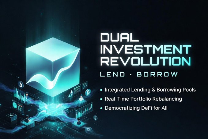 The image features a vibrant blue cube that has been split into two halves, with one half appearing as a digital representation of a lending pool and the other as a digital representation of a borrowing pool. The text "Dual Investment Revolution" is displayed above the cube, indicating the innovative nature of the platform. The post also mentions the involvement of TermMaxFi in this revolution, highlighting their role in creating a user-centric approach to investing by combining both lending and borrowing pools into one seamless experience.