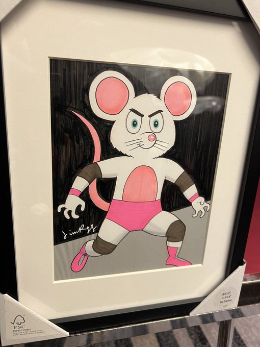 A framed painting depicts an anthropomorphic white mouse wearing pink wrestling trunks, boots, and wristbands in a wrestling stance, signed and displayed with an FSC certified frame label.