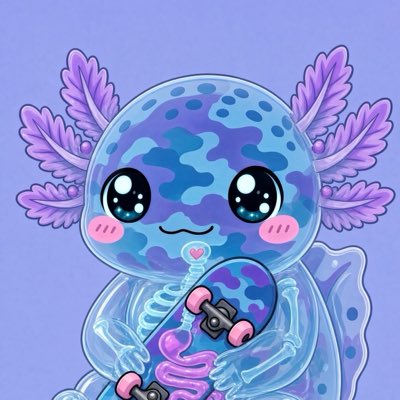 A cute, cartoon-style illustration of a blue axolotl-like creature with large shiny eyes, pink cheek blushes, feathery purple gills, and a transparent body revealing pink internal organs.