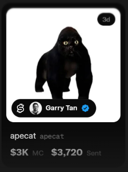A social media post displaying a 3D-rendered black ape-cat hybrid creature labeled 'apecat', sent by user Garry Tan with a value of $3,720.