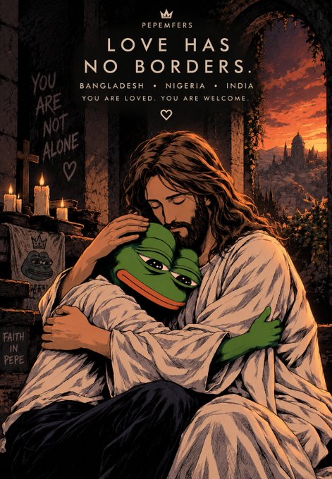 An illustrated poster from "PEPEFERS" depicts Jesus embracing the green Pepe the Frog character beneath the headline "LOVE HAS NO BORDERS. BANGLADESH • NIGERIA • INDIA — YOU ARE LOVED. YOU ARE WELCOME," with a graffitied "YOU ARE NOT ALONE" message, visually echoing the post's message of art as a universal language of love and inclusion across countries and cultures.