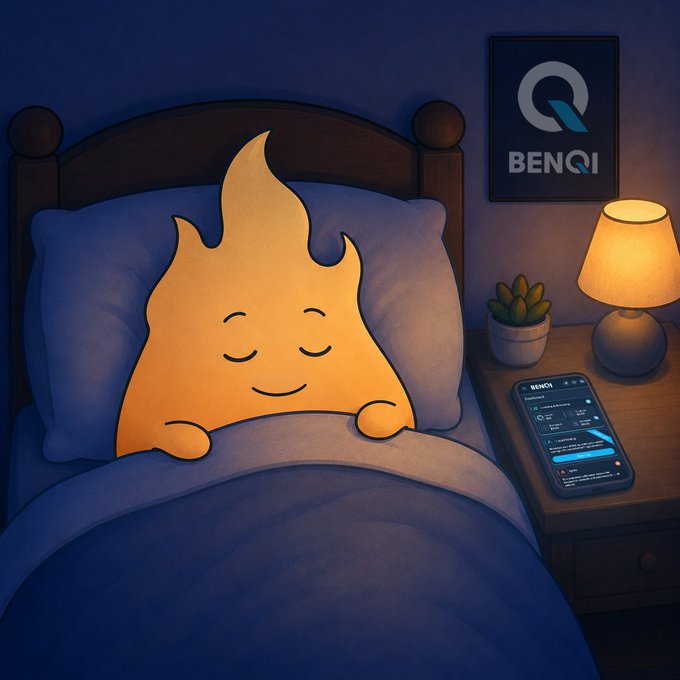 The image features an orange cartoon character that looks like a fire-breathing dragon or a yellow flame with eyes and a smiley face, lying down on a bed next to a nightstand with a phone on top of it. The text in the image reads "BENQI helps you build a position you can actually rest with." This suggests that the character is promoting BenQ's sleep-related products or services.