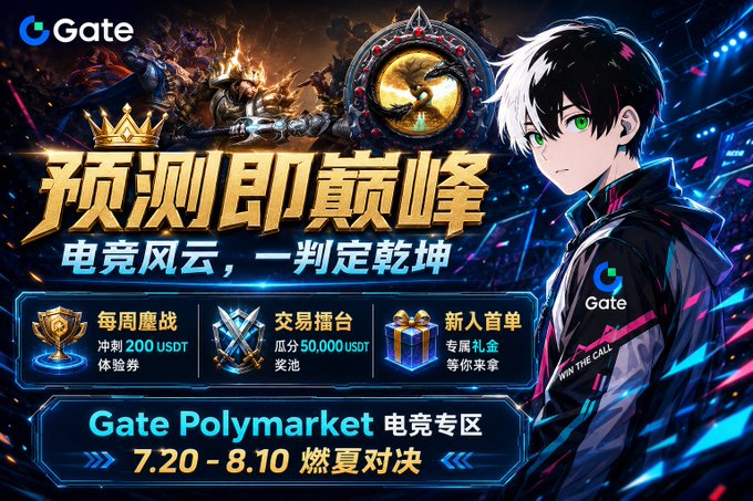 A Gate cryptocurrency exchange promotional banner for 'Gate Polymarket 电竞专区' (Esports Zone) running 7.20 - 8.10, featuring an anime character and Chinese text '预测即巅峰 电竞风云, 一判定乾坤' with prize pools of 200 USDT, 50,000 USDT, and newcomer bonuses.