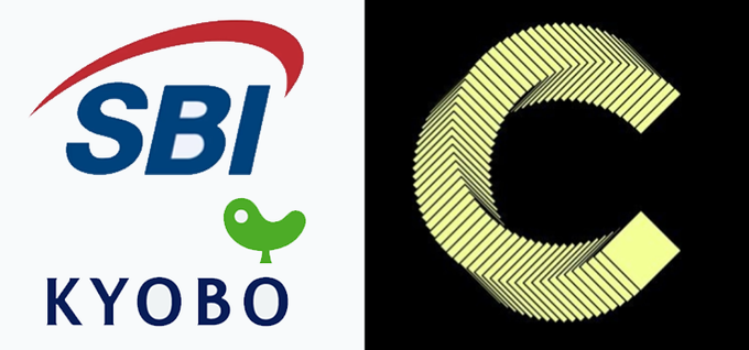 Side-by-side logos: on the left, the blue and red 'SBI KYOB' logo with a green bird icon, and on the right, a yellow stylized 'C' on a black background.