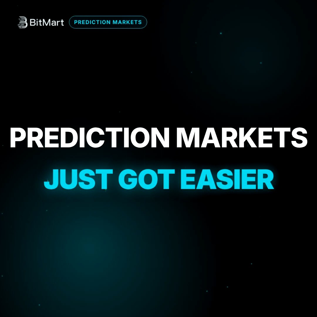 A dark promotional graphic with the BitMart logo and a "PREDICTION MARKETS" tag in the top left, featuring the headline "PREDICTION MARKETS JUST GOT EASIER" in bold white and cyan text, tying into the post's announcement of BitMart's new prediction markets for World Cup events.